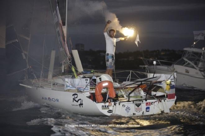 Benoit Marie on the finish line of the Mini Transat 2013 ©  Jacques Vapillon / Mini Transat http://www.minitransat.fr